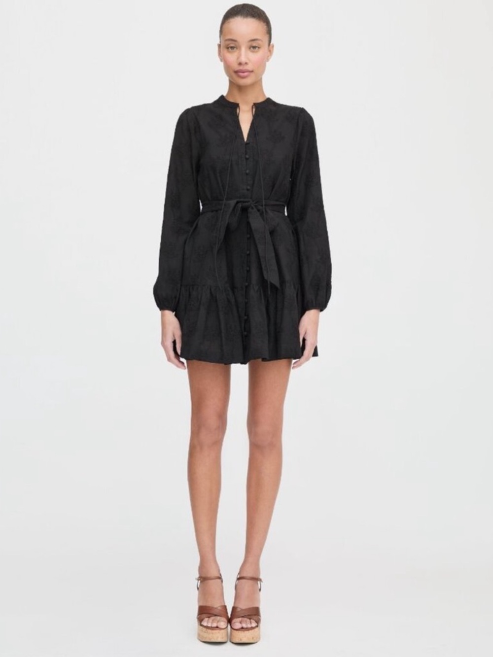 Hill House Black Long-Sleeve Tie-Waist Mini Dress Sizs Medium